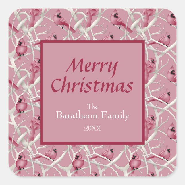 Pegatina Cuadrada Cardenal rosa moderno: Feliz Navidad (Anverso)