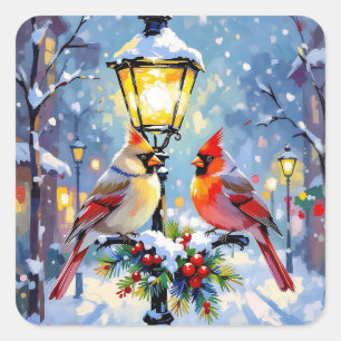 Pegatina Cuadrada Cardenales de Navidad y farola nevada