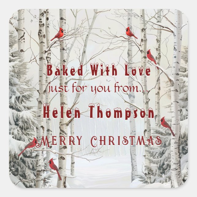 Pegatina Cuadrada Cardenales rojos de la Selva de Invierno de los Ár (Anverso)