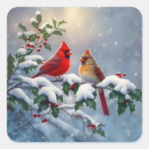 Pegatina Cuadrada Cardenales rojos y Holly en la nieve