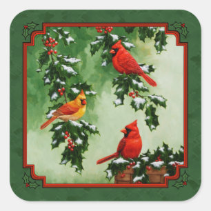 Pegatina Cuadrada Cardenales rojos y verde de acebo