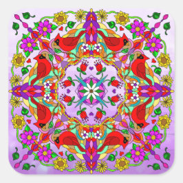 Pegatina Cuadrada Cardenales y flores de color bonito Mandala