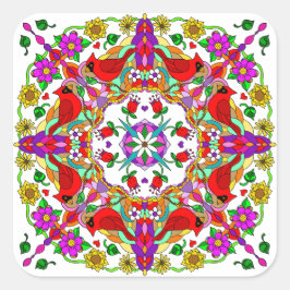 Pegatina Cuadrada Cardenales y flores de color bonito Mandala