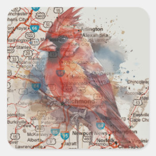 Pegatina Cuadrada Cardinal en mapa de carreteras de Virginia Arte Ac