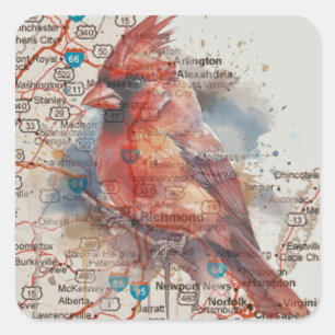 Pegatina Cuadrada Cardinal en mapa de carreteras de Virginia Arte Ac
