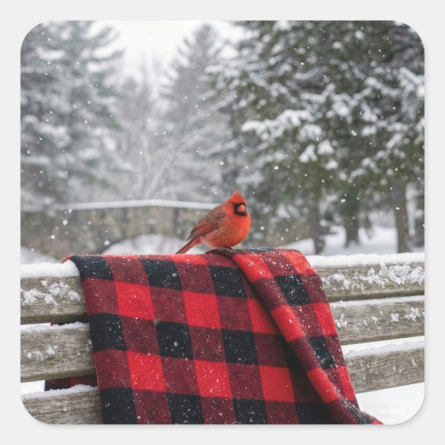 Pegatina Cuadrada Cardinal On a Snowy Plaid Blanket (Anverso)
