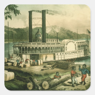 Pegatina Cuadrada Cargando algodón en el Mississippi, 1870