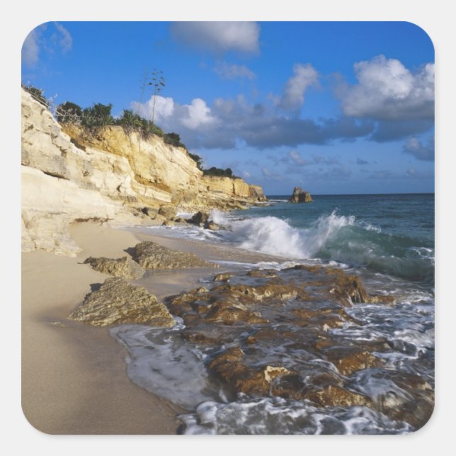 Pegatina Cuadrada Caribe, San Martín, acantilados en la playa de Cup (Anverso)