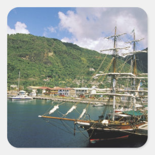 Pegatina Cuadrada Caribe, Santa Lucía, Soufriere. Barcos en