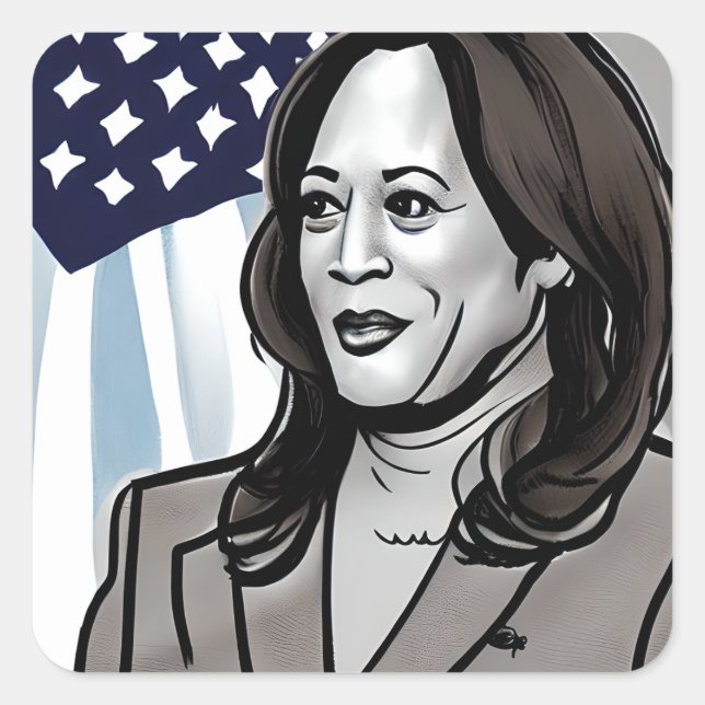 Pegatina Cuadrada Caricatura política de Kamala Harris (Anverso)