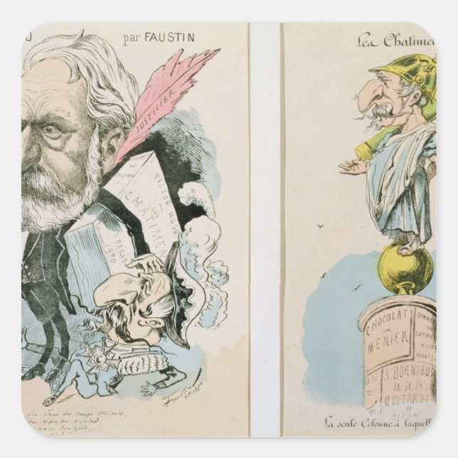 Pegatina Cuadrada Caricaturas de Víctor Hugo y Napoleón III (Anverso)