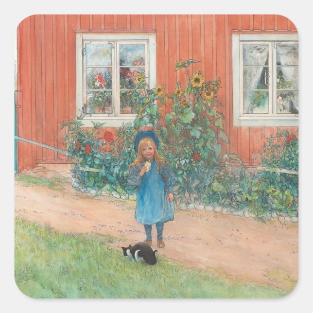 Pegatina Cuadrada Carl Larsson - Brita Con Un Gato (Anverso)