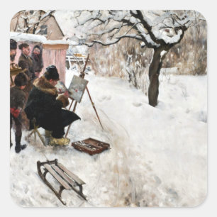 Pegatina Cuadrada Carl Larsson Open-Air Painter. Winter-Motif