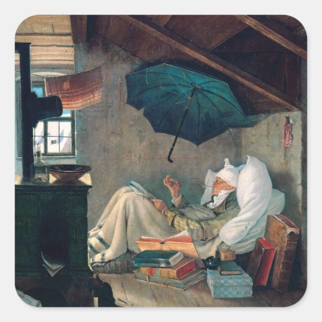Pegatina Cuadrada Carl Spitzweg - Der arme Poet - Deutsche Malerei  (Anverso)