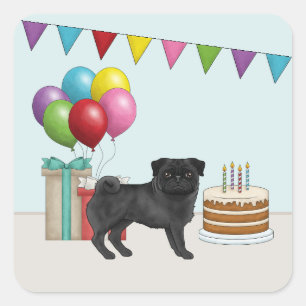 Pegatina Cuadrada Carlino negro adorable perro de dibujos animados C