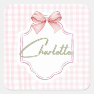 Pegatina Cuadrada Carlota Personalizada Rosa Bow & Gingham Print