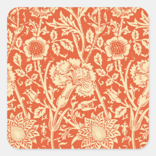 Pegatina Cuadrada Carnación de Art Nouveau Damask, Naranja mandarín