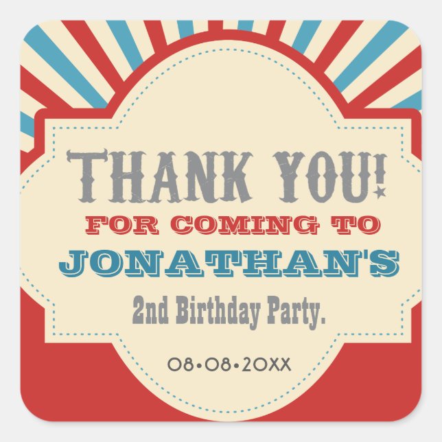 Pegatina Cuadrada Carnaval de circo personalizado fiesta de segundo  (Anverso)