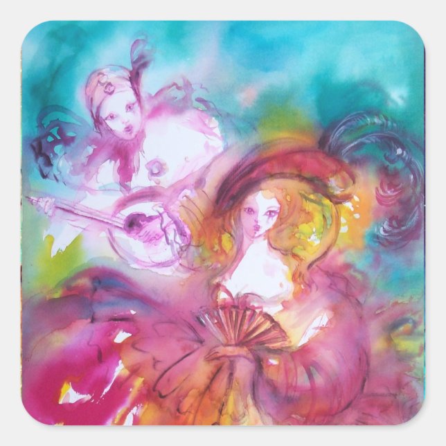 Pegatina Cuadrada Carnaval veneciano de PIERROT y ARLECCHINA, (Anverso)