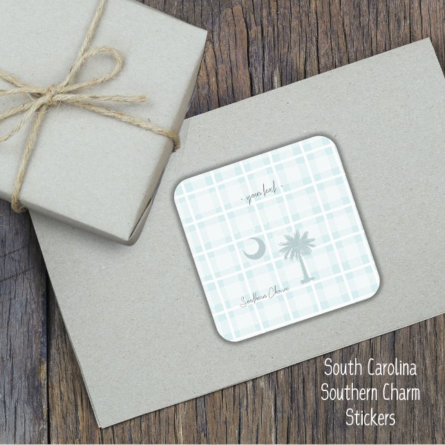 Pegatina Cuadrada Carolina del Sur Plaid Palm Tree & Moon (Seal your packages & envelopes with these personalized stickers. South Carolina flag, Southern Charm)