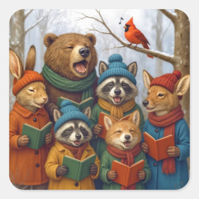 Pegatina Cuadrada Caroling Christmas Forest Animals  (Anverso)