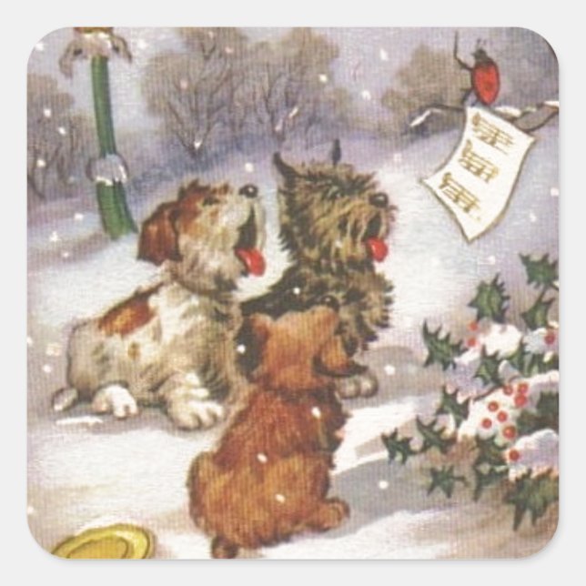 Pegatina Cuadrada Caroling Dogs in the Snow (Anverso)