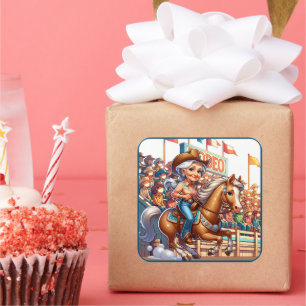 Pegatina Cuadrada Carreras de barril de Rodeo Occidental