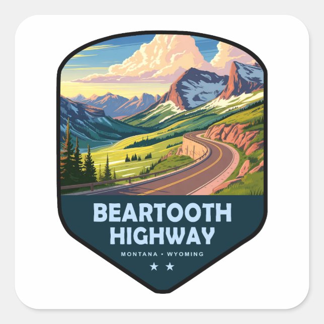 Pegatina Cuadrada Carretera Beartooth Montana Wyoming Escudo (Anverso)