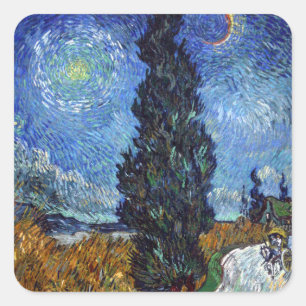 Pegatina Cuadrada Carretera con Cipreses Impresionismo Van Gogh
