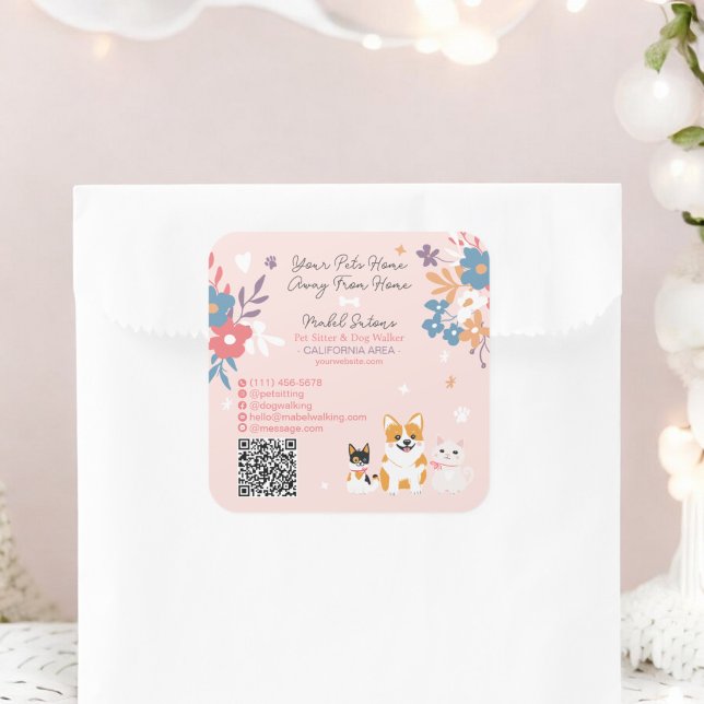 Pegatina Cuadrada Carretera de perros de peluquero floral lindo masc (Whimsical floral cute pastel pet sitter dog walker square sticker)