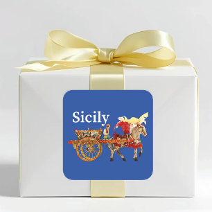 Pegatina Cuadrada Carretto siciliano azul Sicilia Carro y Caballo