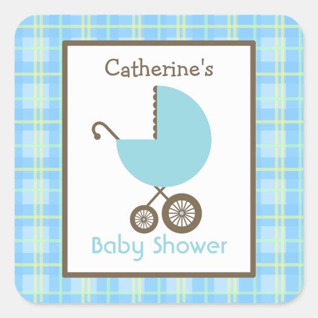 Pegatina Cuadrada Carrito azul Baby Shower (Anverso)