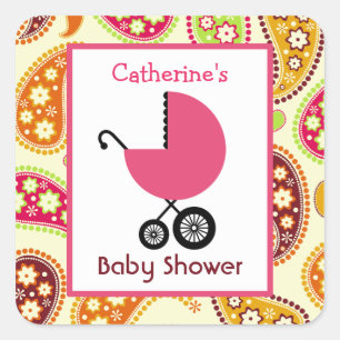 Pegatina Cuadrada Carrito rosa Baby Shower y Paisley