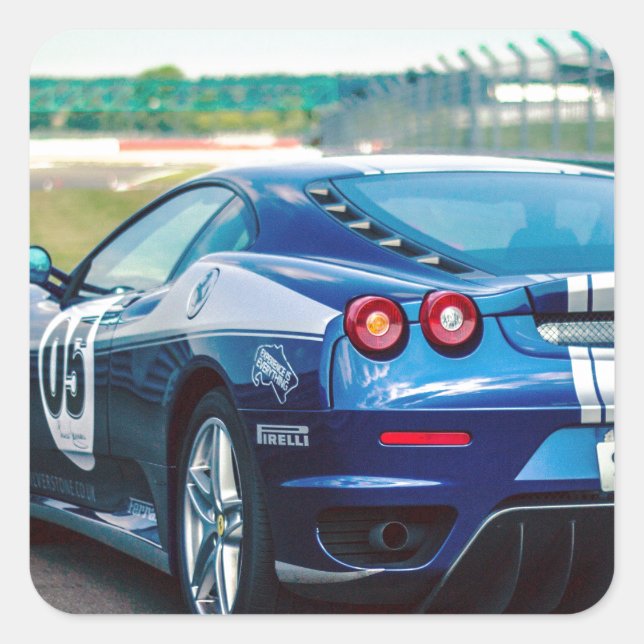 Pegatina Cuadrada Carro de carreras azules (Anverso)