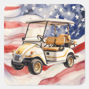 Pegatina Cuadrada Carro de golf 4 de julio Día de la Independencia