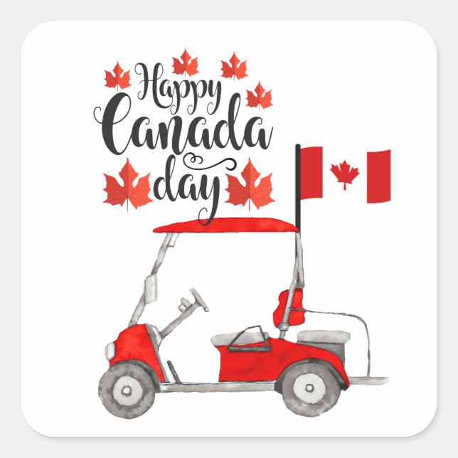 Pegatina Cuadrada Carro de golf con bandera de Canadá para el Día de (Anverso)