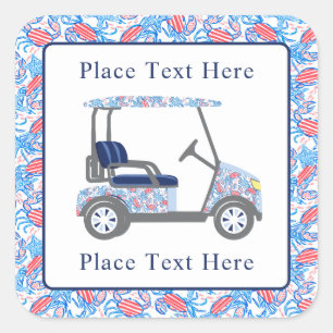Pegatina Cuadrada Carro de Golf de Cangrejos Patrióticos Elegantes