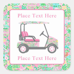 Pegatina Cuadrada Carro de Golf Preppy Palm Beach