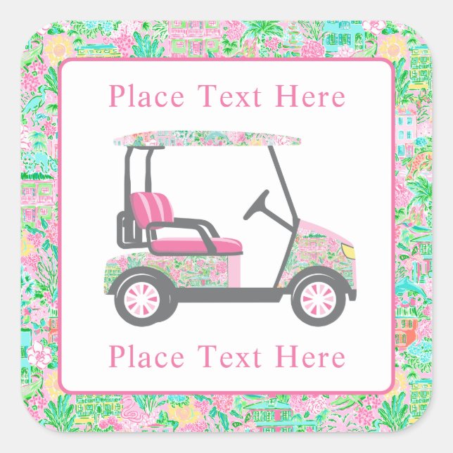 Pegatina Cuadrada Carro de Golf Preppy Palm Beach (Anverso)