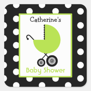 Pegatina Cuadrada Carro y lunares verdes de Baby Shower