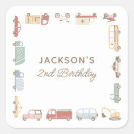 Pegatina Cuadrada Carros de transporte y camionetas fiesta de cumple