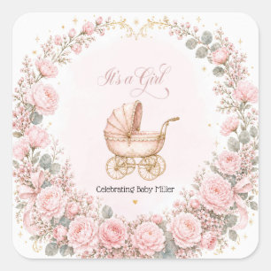 Pegatina Cuadrada Carruaje Rosa Es una Niña Shower de Bebé Personali