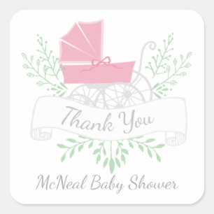 Pegatina Cuadrada carruaje vintage BABY SHOWER gracias rosa