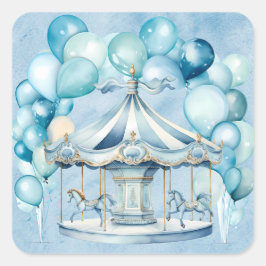 Pegatina Cuadrada Carrusel azul con Arch Balloons Boy Baby Shower