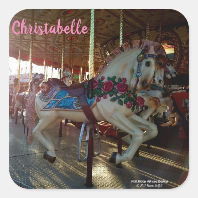 Pegatina Cuadrada Carrusel Carnaval Feria de Carnaval Caballo Merry  (Anverso)