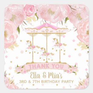 Pegatina Cuadrada Carrusel de oro floral rosado, merry go round cump