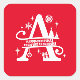 Pegatina Cuadrada Carta A Monograma Nombre de Familia Inicial Saludo