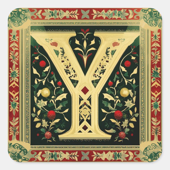 Pegatina Cuadrada Carta crema festiva Y con Navidades verdes (Anverso)