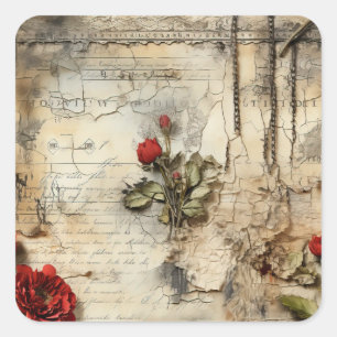 Pegatina Cuadrada Carta de amor de pergamino vintage con flores (10)
