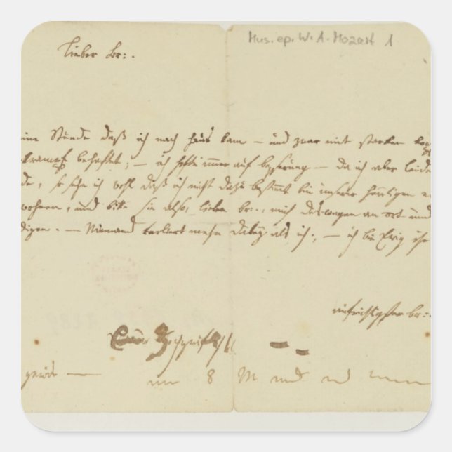 Pegatina Cuadrada Carta de Mozart a freemason, enero de 1786 (Anverso)